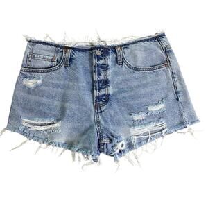 Free People Distressed Cutoff Denim Shorts Raw Frayed Waist Size 32 Button Fly